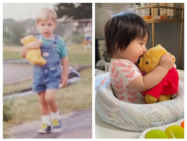 Medvjedić kojeg sam dobio kao dječak i moja kćer koja se igra s njim