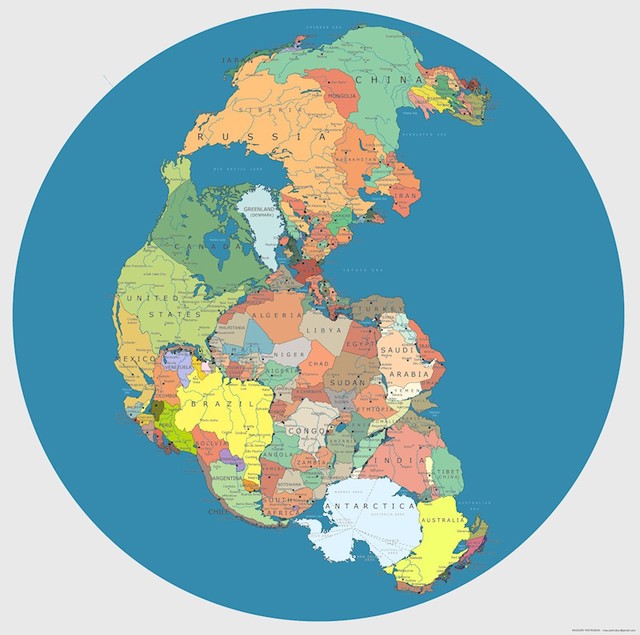Mapa Pangee s današnjim granicama