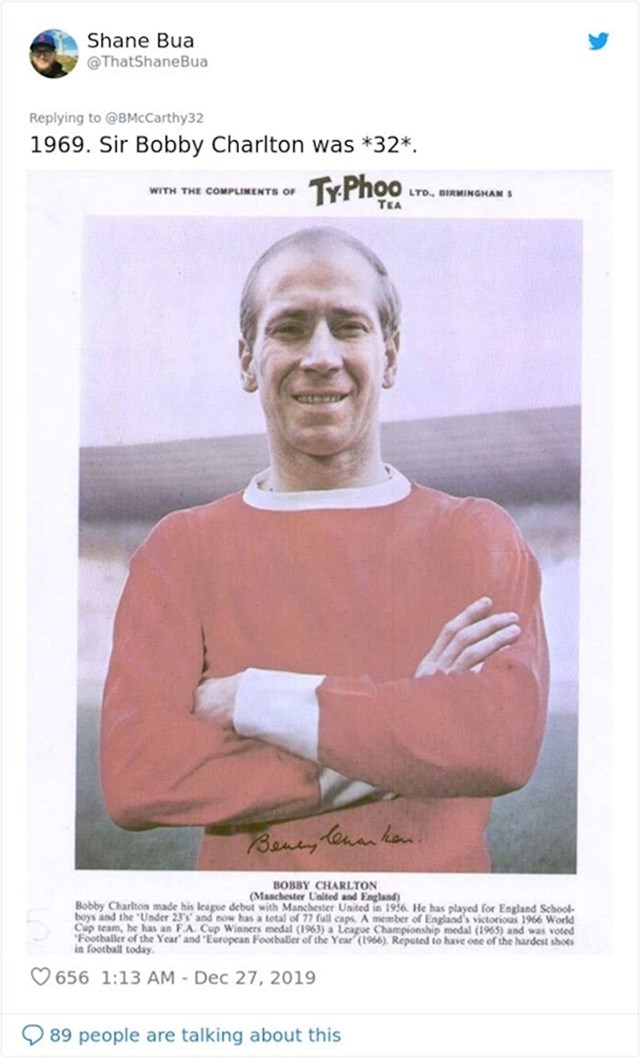 Nogometaš Sir Bobby Charlton ima 32 godine
