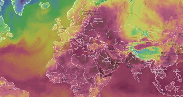 Tamno ljubičasta boja označava osjet temperature veći od 40 stupnjeva