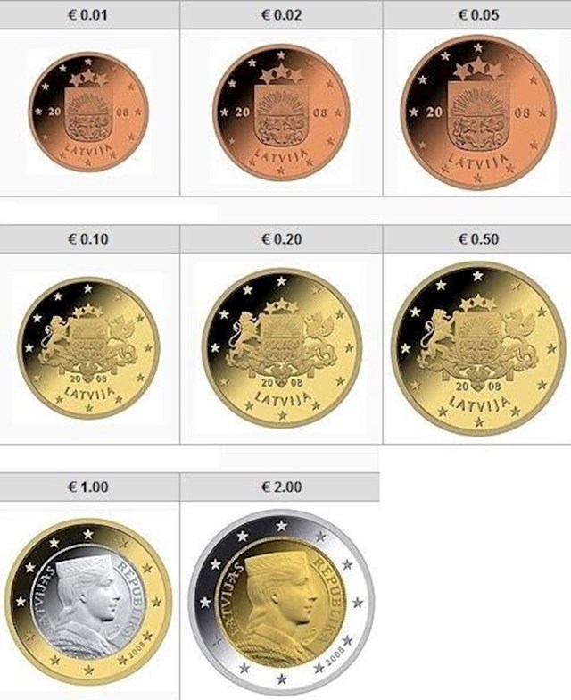 Latvija. Na centima je latvijski grb, a na eurima latvijska djevojka u narodnoj nošnji, direktno preuzeta sa stare kovanice
