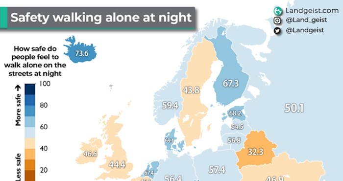 Mapa prikazuje koliko sigurno se građani osjećaju dok šetaju noću, zanimljivi su podaci za Hrvatsku
