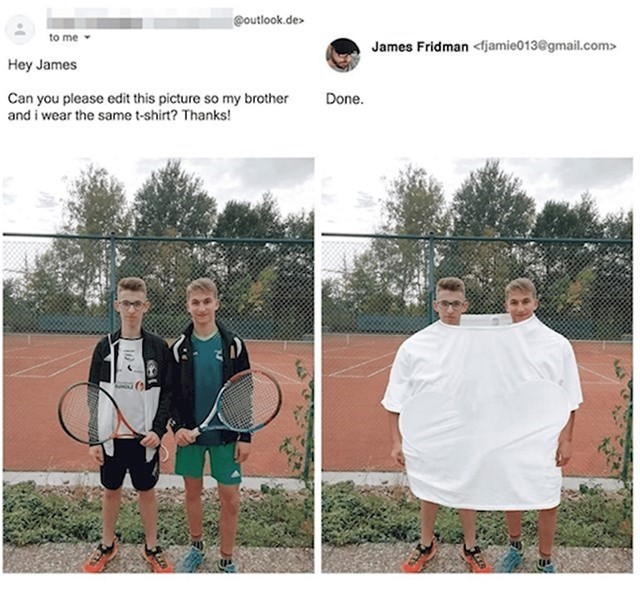 Možeš li urediti fotku da brati i ja nosimo istu majicu?