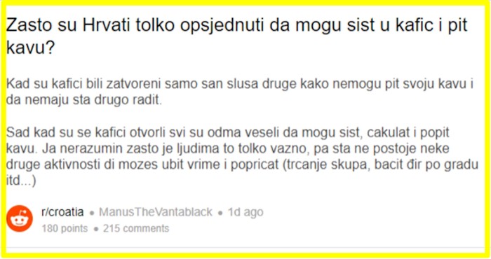 Netko je pitao zašto Hrvati toliko vole kafiće. Ljudi pišu da prvi komentar mora ući u Ustav