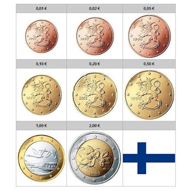 Finska. Na centima se nalazi finski grb, propeti lav, a na eurima nacionalna ptica žutokljuni labud u letu i cvijet iz tundre