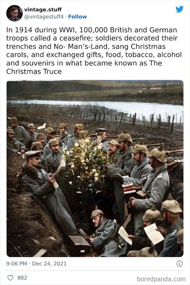Božić 1914. - oko 100,000 vojnika sudjelovalo je u neformalnom primirju, darivali su se i kitili rovove