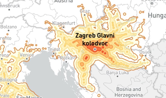 Mapa pokazuje koliko daleko u 5h putovanja vlakom možete doći iz Zagreba i Rima, razlika je ogromna