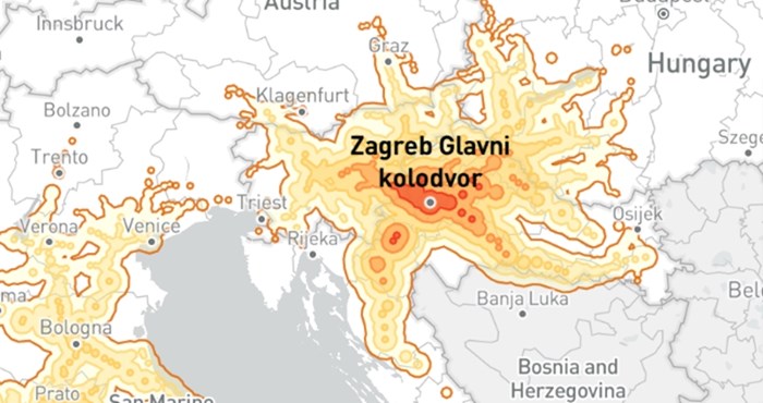 Mapa pokazuje koliko daleko u 5h putovanja vlakom možete doći iz Zagreba i Rima, razlika je ogromna