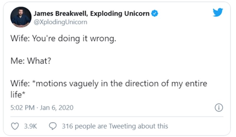 Žena: Krivo to radiš!    Ja: Što?   Žena: *zamahne neodređeno rukom u pravcu cijelog mog života*