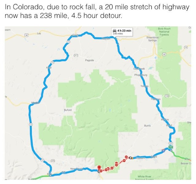 U Coloradu se put od 30 kilometara produžio na put od 380 kilometara zbog odrona stijena koji je pao na cestu