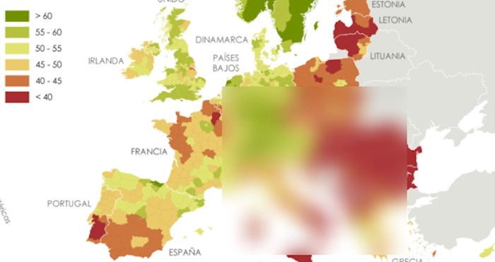 Mapa prikazuje kvalitetu života u raznim regijama u EU, posebno je zanimljiva podjela Hrvatske