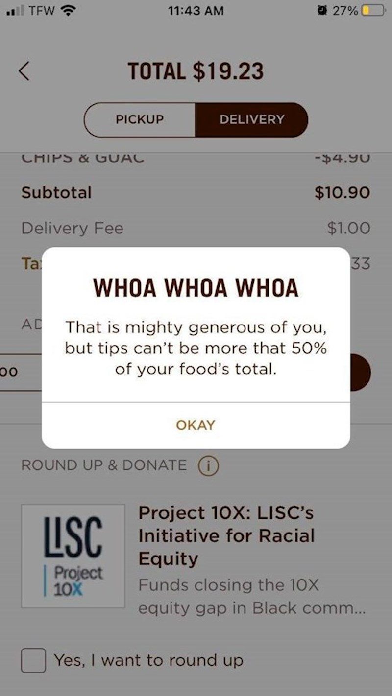 Ne želi mu prihvatiti narudžbu jer želi dati preveliku napojnicu