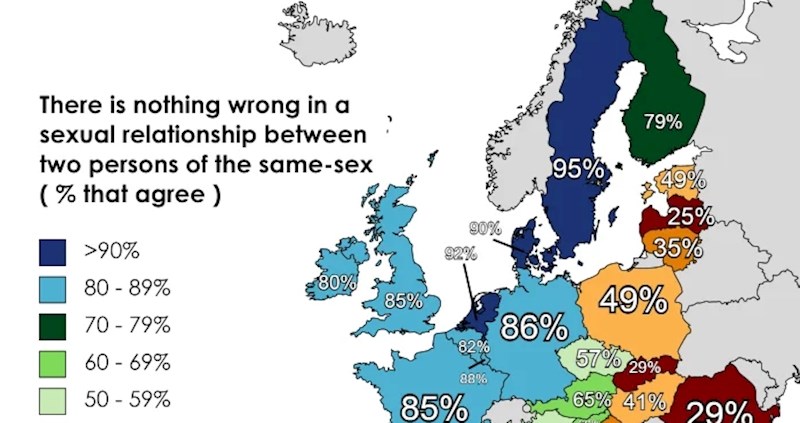 Mapa pokazuje postotak ljudi u europskim državama koji smatraju da je istospolni seks normalan