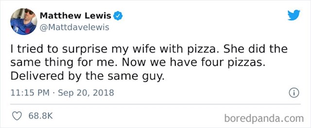 Želio je iznenaditi ženu s pizzom za večeru. Ona njega isto. Sad imaju 4 pizze koje je dostavio isti tip