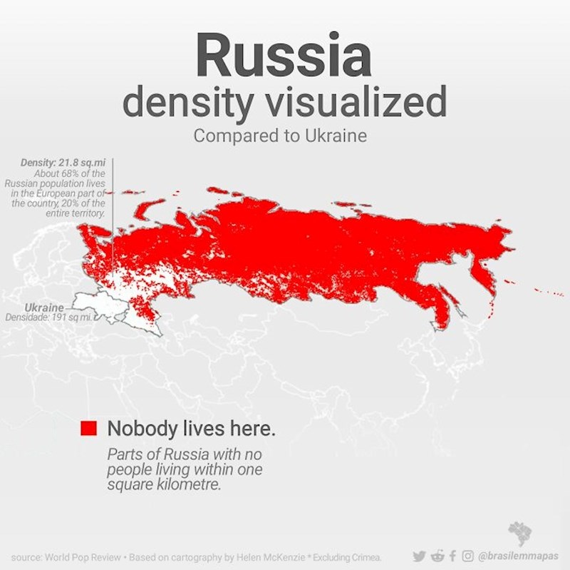 Crvenom bojom su označeni dijelovi Rusije bez stanovnika