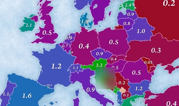 Ova mapa prikazuje broj turista po glavi stanovnika. Samo je jedna zemlja bolja od Hrvatske