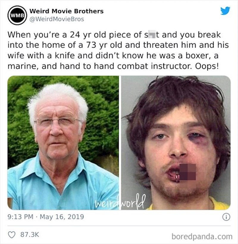 Ovaj mladić je provalio starcu u kuću i prijetio nožem njemu i supruzi. No nije znao da je starac zapravo boksač, marinca i trener borilačkih vještina