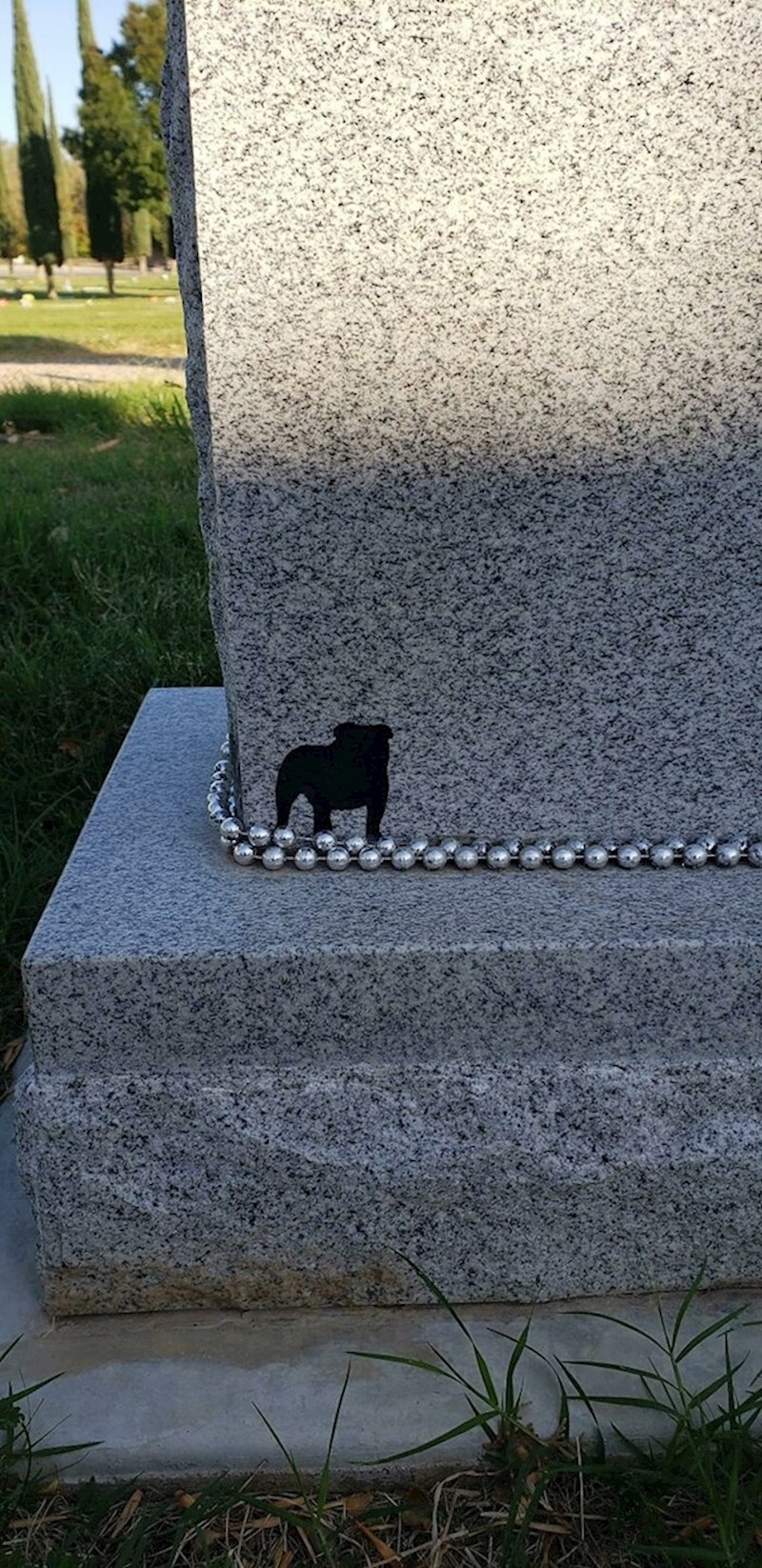 Moj prijatelj koji je preminuo, uvijek je bio sa svojim voljenim engleskim buldogom. Kada sam otišao do stražnje strane njegovog nadgrobnog spomenika primjetio sam ovo