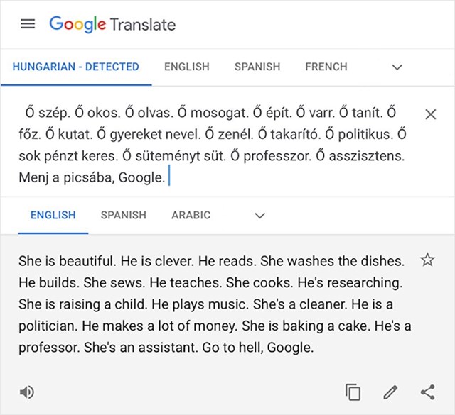 Kad na rodno neutralnom mađarskom upišete niz rečenica i prevedete na engleski, dobijete ovo