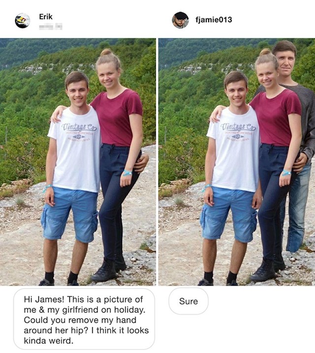 Ovom dečku se činila čudna poza kojom je zagrlio svoju djevojku oko kukova pa je zamolio Jamesa da to sredi. James je, kao i uvijek, oduševio svojom idejom.