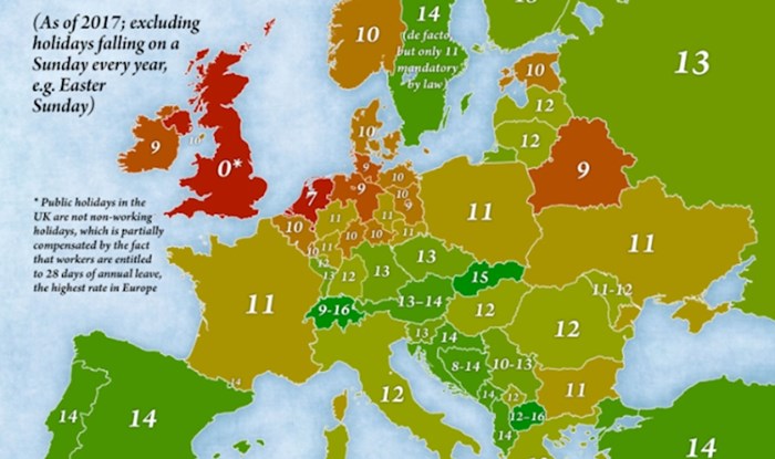 Zanimljiva mapa prikazuje broj neradnih dana u raznim europskim državama. U V. Britaniji ih nema