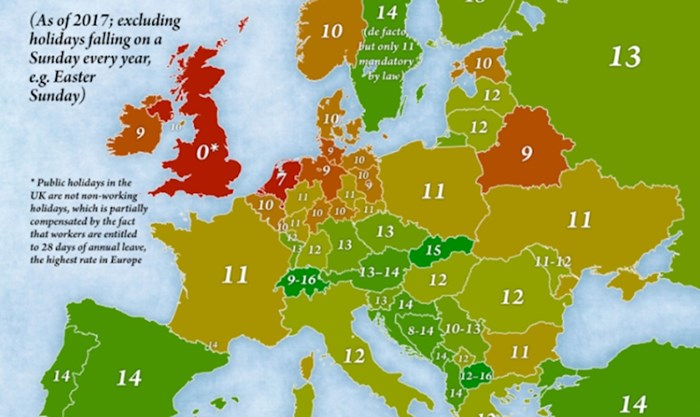 Zanimljiva mapa prikazuje broj neradnih dana u raznim europskim državama. U V. Britaniji ih nema