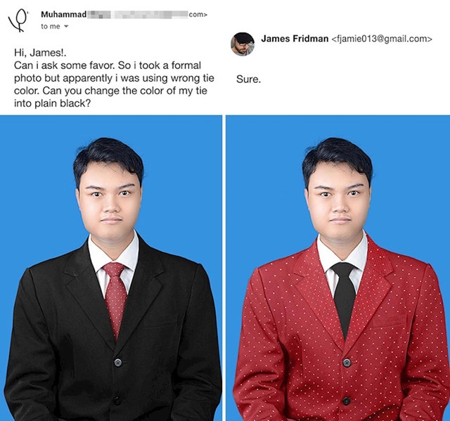 Ovaj dečko ipak nije bio zadovoljan odabirom kravate na ovo odijelo pa je zatražio ako mu može kravatu promijeniti u crnu. James je zamijenio uzorke kravate i sakoa.