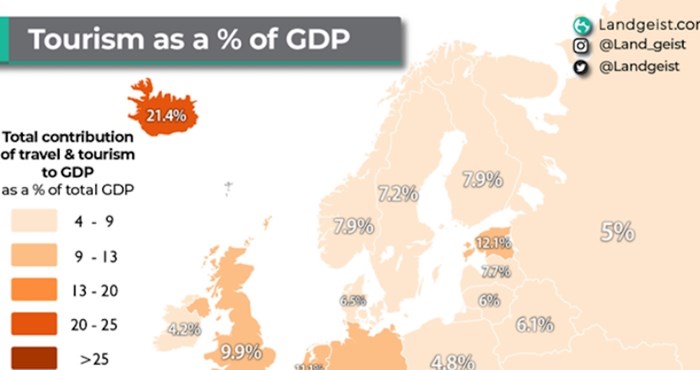Mapa pokazuje koliko su razne države ovisne o turizmu, pogledajte podatke za Hrvatsku