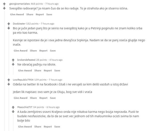 Na njegovu objavu odmah su se javili i drugi korisnici s porukama podrške i zgražanja nad pojedincima koji se vesele tuđoj tragediji