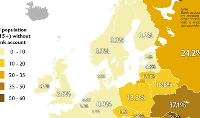 Mapa prikazuje postotak ljudi koji nemaju račun u banci, razlike u Europi su nevjerojatne