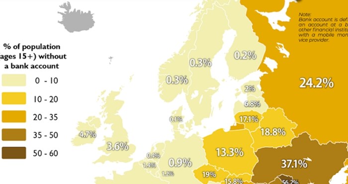 Mapa prikazuje postotak ljudi koji nemaju račun u banci, razlike u Europi su nevjerojatne