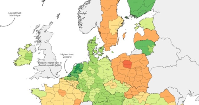 Mapa prikazuje koliko ljudi vjeruju da su njihovi sugrađani dobri, podaci za HR su grozni