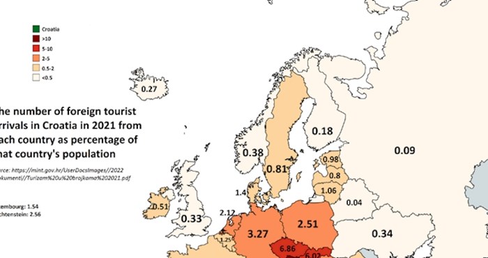 Zanimljiva mapa otkriva koji postotak građana iz europskih država ljetuje u Hrvatskoj