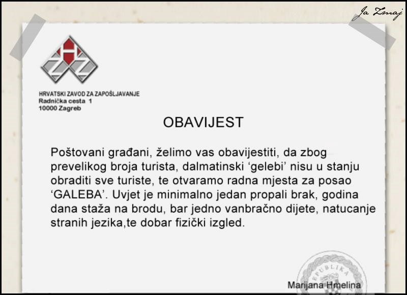 Neviđeno: HZZ nekome traži posao! Postani hrvatski "galeb"!