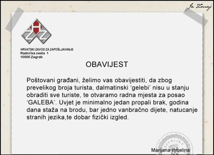 Neviđeno: HZZ nekome traži posao! Postani hrvatski "galeb"!