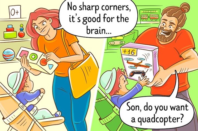 Kako mama bira igračke (bez oštrih rubova, dobro za razvoj mozga...), a kako tata: