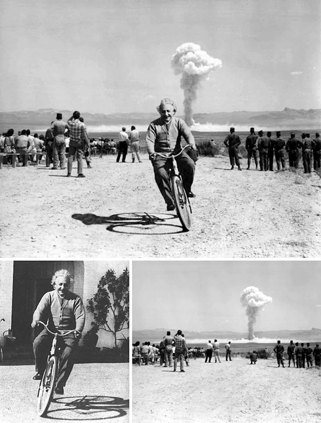 Einstein vozi bicikl dok u pozadini eksplodira bomba