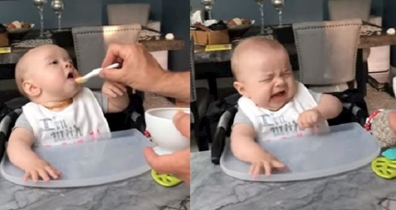 Tata je snimio bebicu koja je prvi put jela čvrstu hranu, njeni izrazi lica su presmiješni