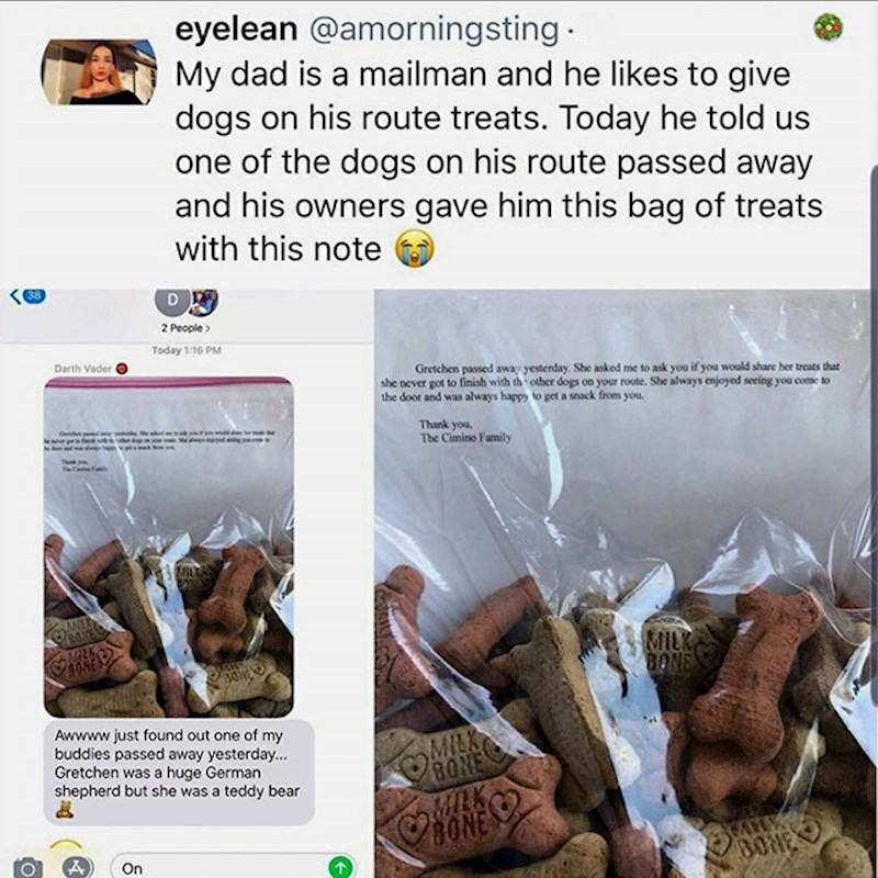 Moj tata je poštar i na svojoj ruti uvijek dijeli psima poslastice, jedan pas je uginuo i vlasnik mu je ostavio kekse koje on nije pojeo da podijeli drugim psima