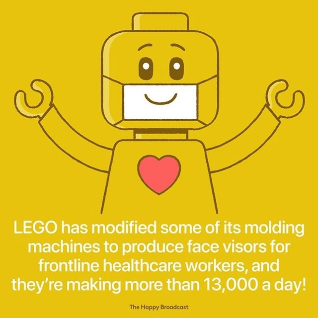 Lego je izmijenio neke od svojih strojeva za proizvodnju igračaka u uređaje koji proizvode zaštitne vizire za medicinske djelatnike. Dnevno naprave više od 13 000 vizira!