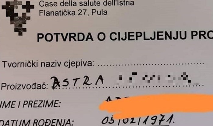 Zbog pogrešno napisanog imena cjepiva ova potvrda iz Pule oduševila cijeli Fejs