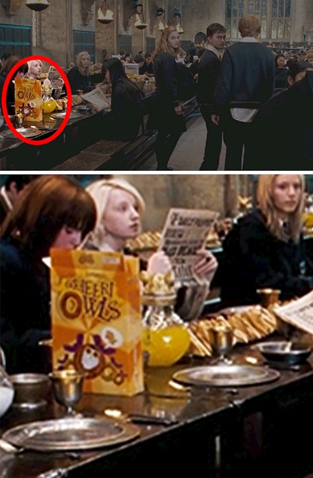 U sceni iz Harry Pottera, učenici u pozadini jedu žitarice po uzoru na poznatog proizvođača, ali promijenjenog imena, poput Cheeri-Owlsa (vesela sova).