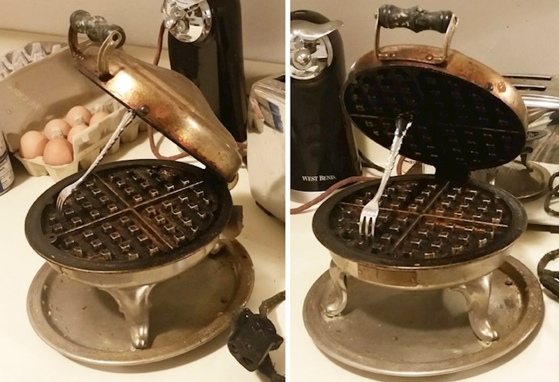 "Ovaj željezni pekač za vafle kupljen je na garažnoj rasprodaji 1958. godine za 25 centi. Još radi"