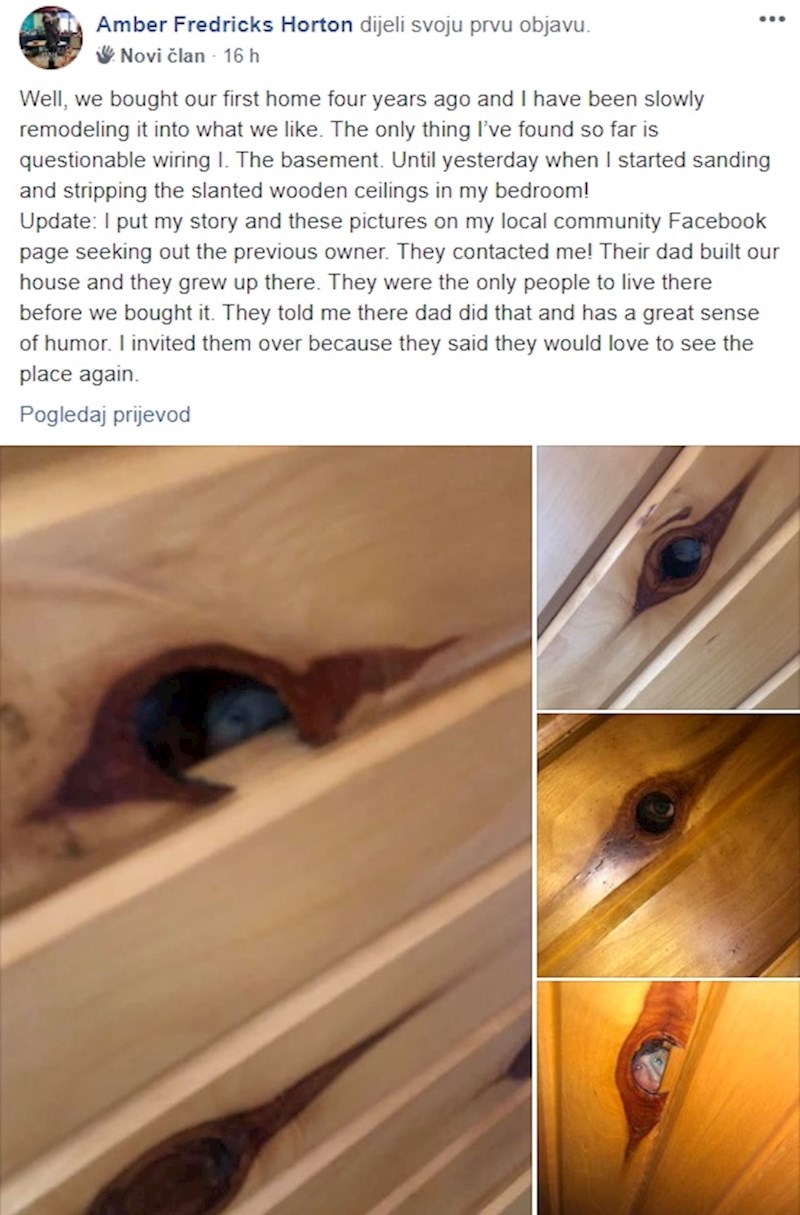 Naš prvi dom kupili smo prije 4 godine i polako smo ga preuređivali. U kući nisam pronašla ništa čudno, do jučer kada sam počela preuređivati strop u spavaćoj sobi! Ove slike postavila sam i na Facebook stranicu svoje lokalne zajednice i javila su mi se djeca čovjeka koji mi je ovo priredio. Njihov otac je sagradio ovu kuću i oni su tamo odrasli. Rekli su da je tata zalijepio te slike i da ima sjajan smisao za humor...