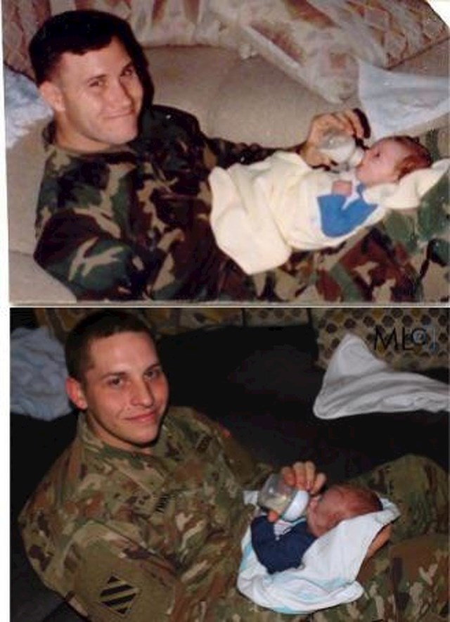 Beba s prve slike je isto vojnik, pa je ponovio sliku sa svojim sinom :)