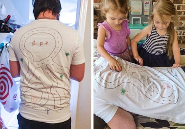 Ovaj tata nacrtao je cestu na svojoj majici kako bi ga kćeri masirale