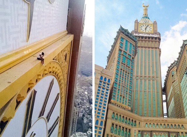 Djevojka sjedi na vrhu Abraj Al Bait, što je kompleks zgrada u Meki u Saudijskoj Arabiji