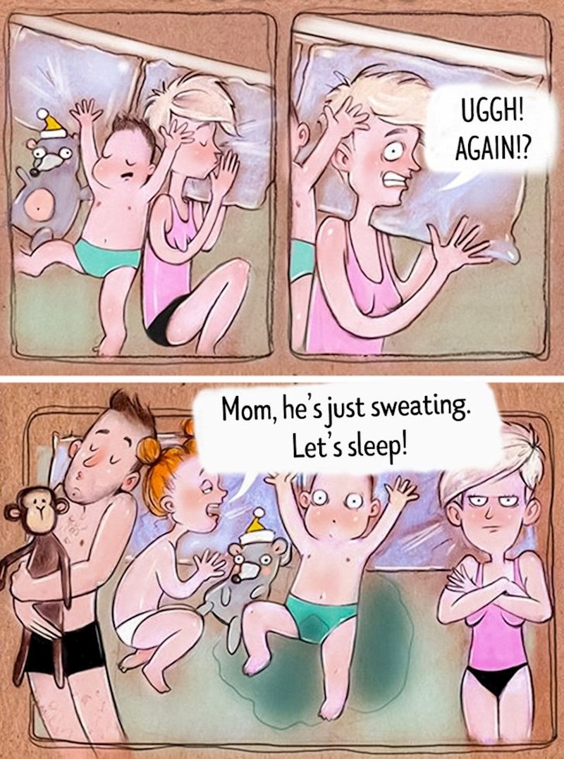 Nije valjda opet pelena mokra? Nije mama, beba se samo znoji