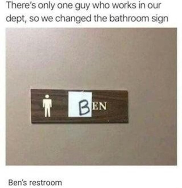 Samo jedan muškarac radi u na našem odjelu, pa smo promijenile znak muškog wc-a (men) u njegovo ime Ben