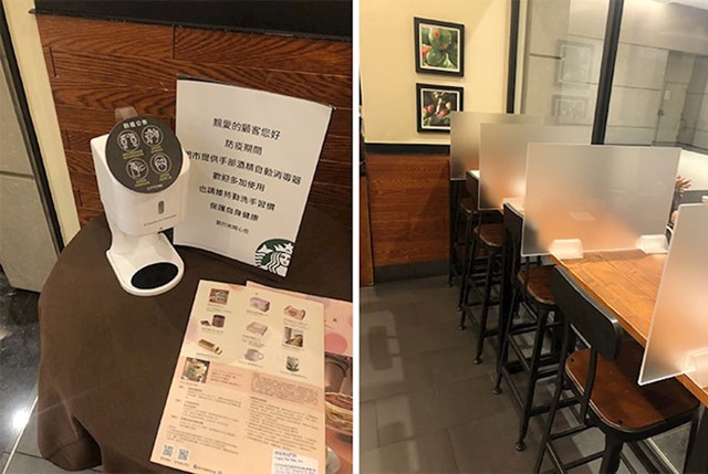 Starbucks u Taipeiju na Tajvanu, kupcima je ponuđen dezinficijens i stolovi su razdvojeni pregradama